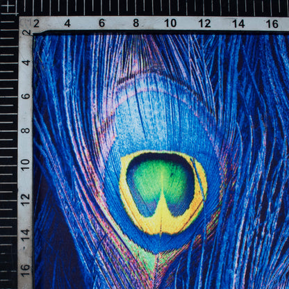 Royal Blue And Yellow Peacock Feather Pattern Digital Print Japan Satin Fabric - Fabcurate