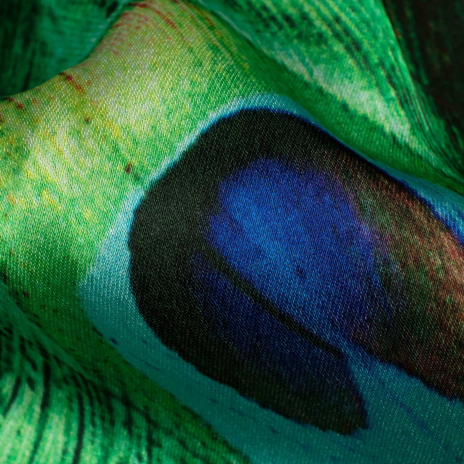 Emerald Green And Electric Blue Peacock Feather Pattern Digital Print Japan Satin Fabric - Fabcurate