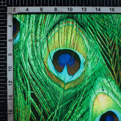 Emerald Green And Electric Blue Peacock Feather Pattern Digital Print Japan Satin Fabric - Fabcurate