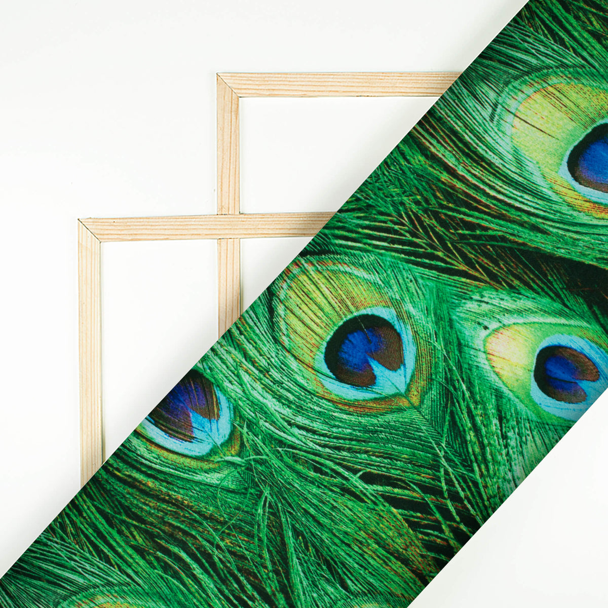 Emerald Green And Electric Blue Peacock Feather Pattern Digital Print Japan Satin Fabric - Fabcurate