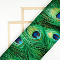 Emerald Green And Electric Blue Peacock Feather Pattern Digital Print Japan Satin Fabric - Fabcurate