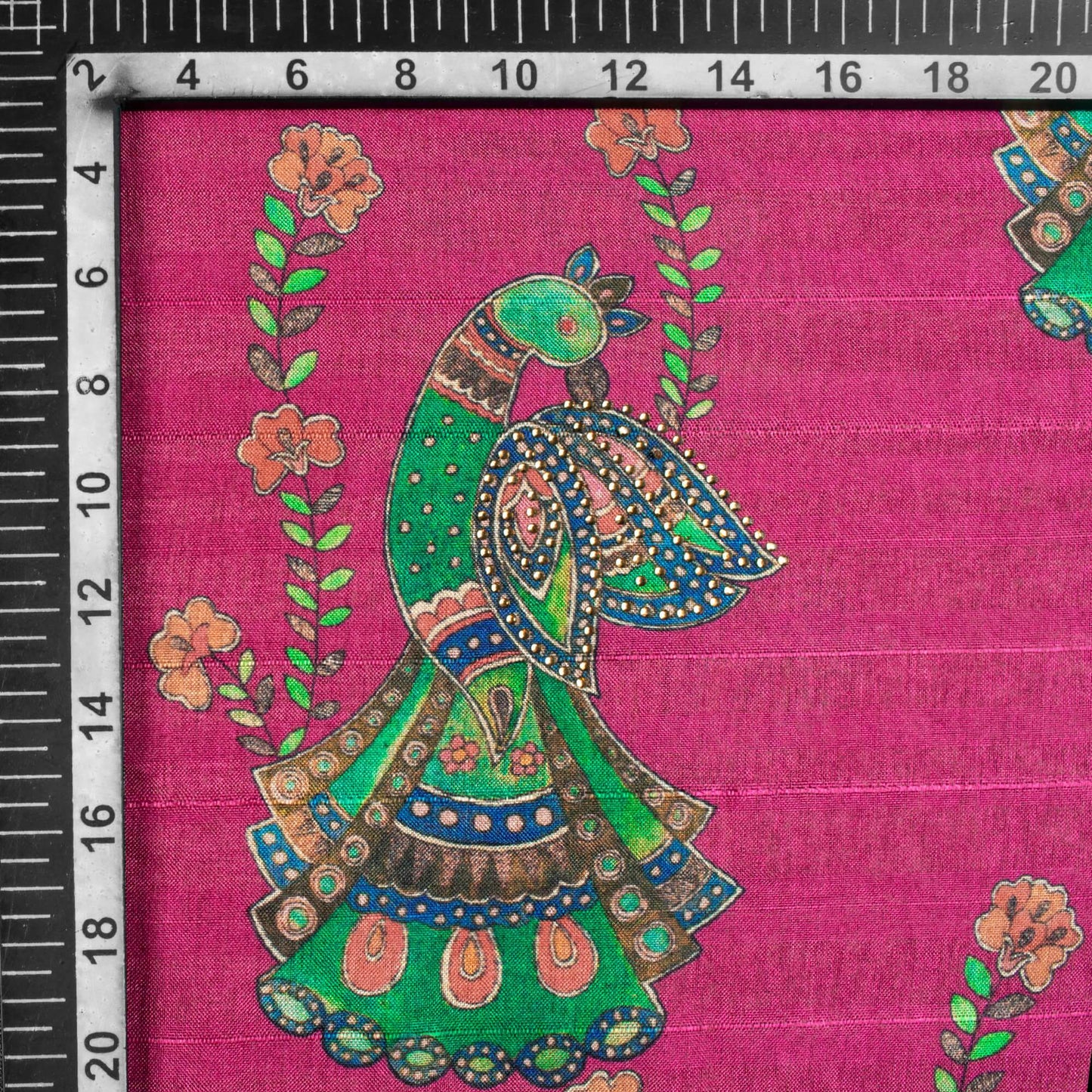 Deep Pink And Green Madhubani Pattern Digital Print Premium Swarovski Hand Work Art Tusser Silk Fabric - Fabcurate