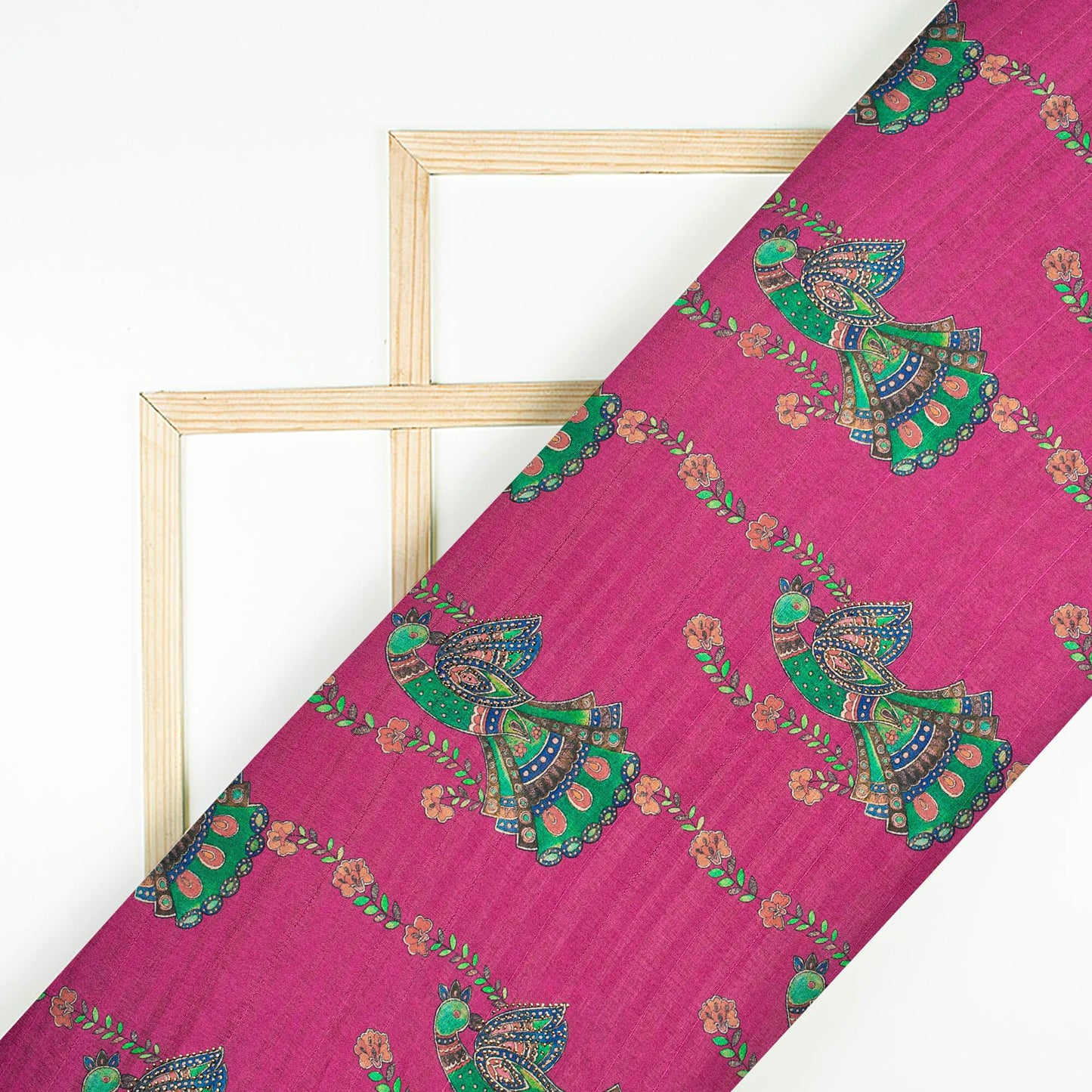 Deep Pink And Green Madhubani Pattern Digital Print Premium Swarovski Hand Work Art Tusser Silk Fabric - Fabcurate