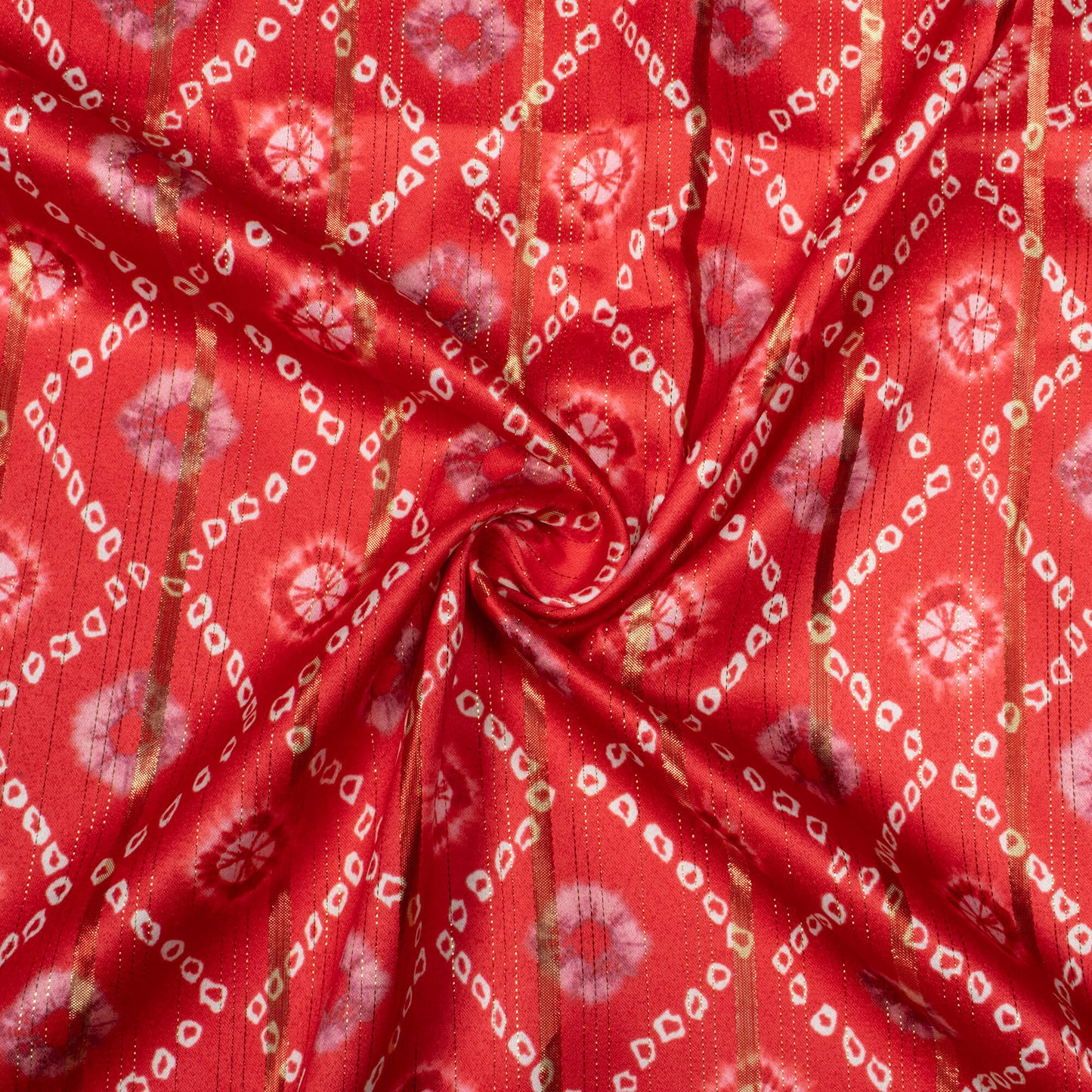 Red And White Bandhani Pattern Digital Print Golden Lurex Satin Fabric - Fabcurate