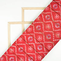 Red And White Bandhani Pattern Digital Print Golden Lurex Satin Fabric - Fabcurate
