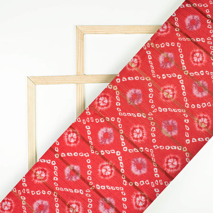 Red And White Bandhani Pattern Digital Print Golden Lurex Satin Fabric - Fabcurate