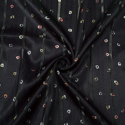 Black And Red Bandhani Pattern Digital Print Golden Lurex Satin Fabric - Fabcurate