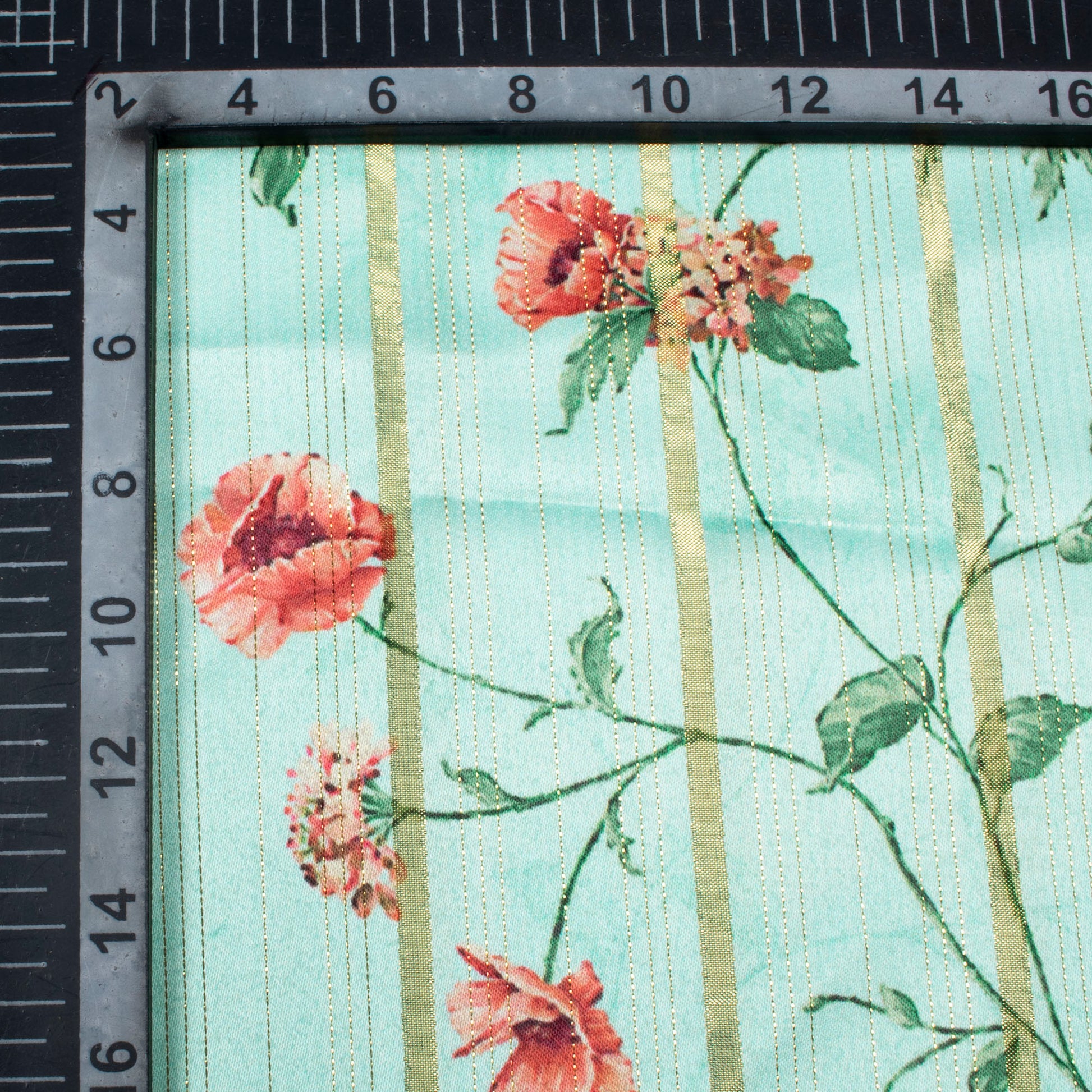 Aquamarine Blue And Red Floral Pattern Digital Print Golden Lurex Satin Fabric - Fabcurate