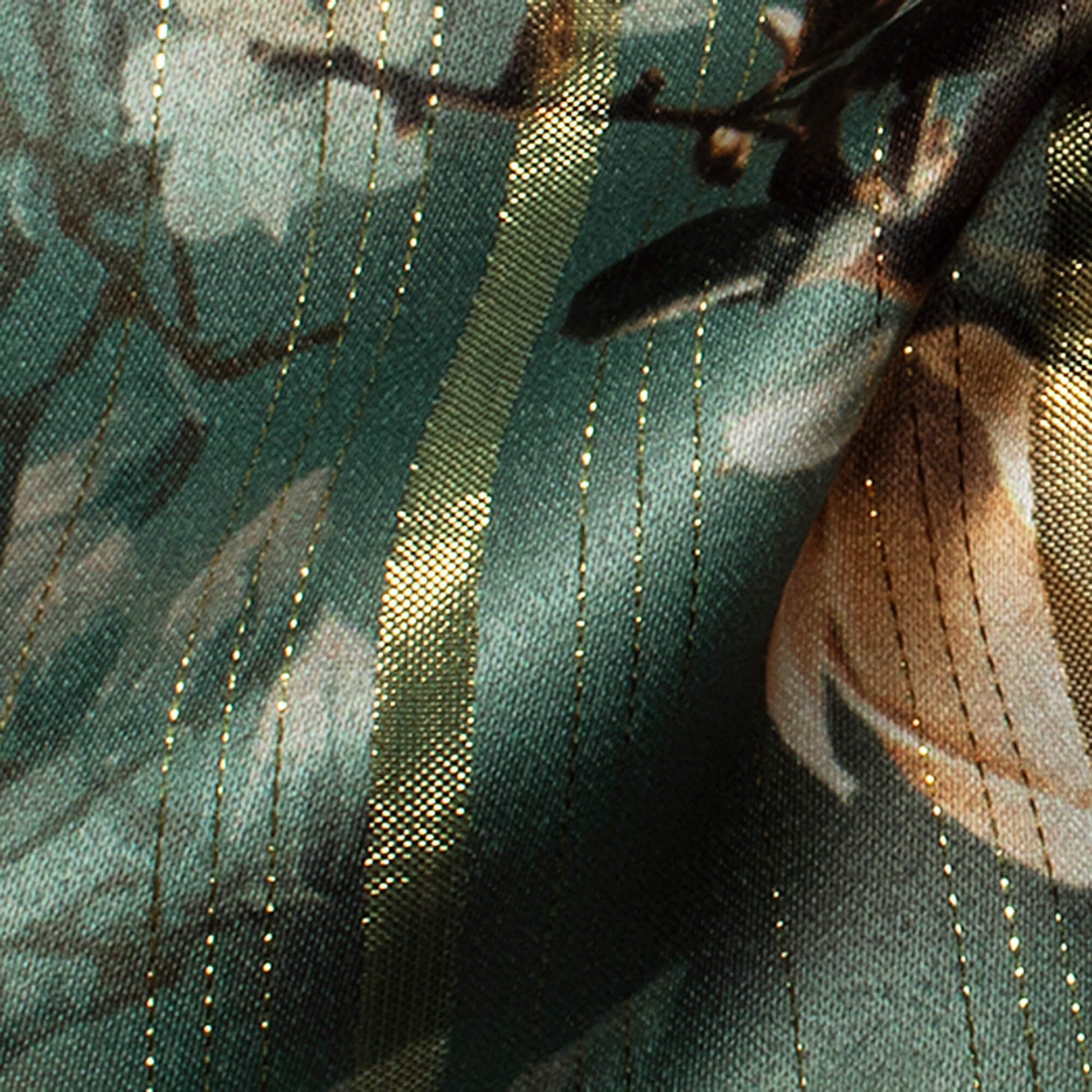 Dark Green And Toritilla Brown Floral Pattern Digital Print Golden Lurex Satin Fabric - Fabcurate