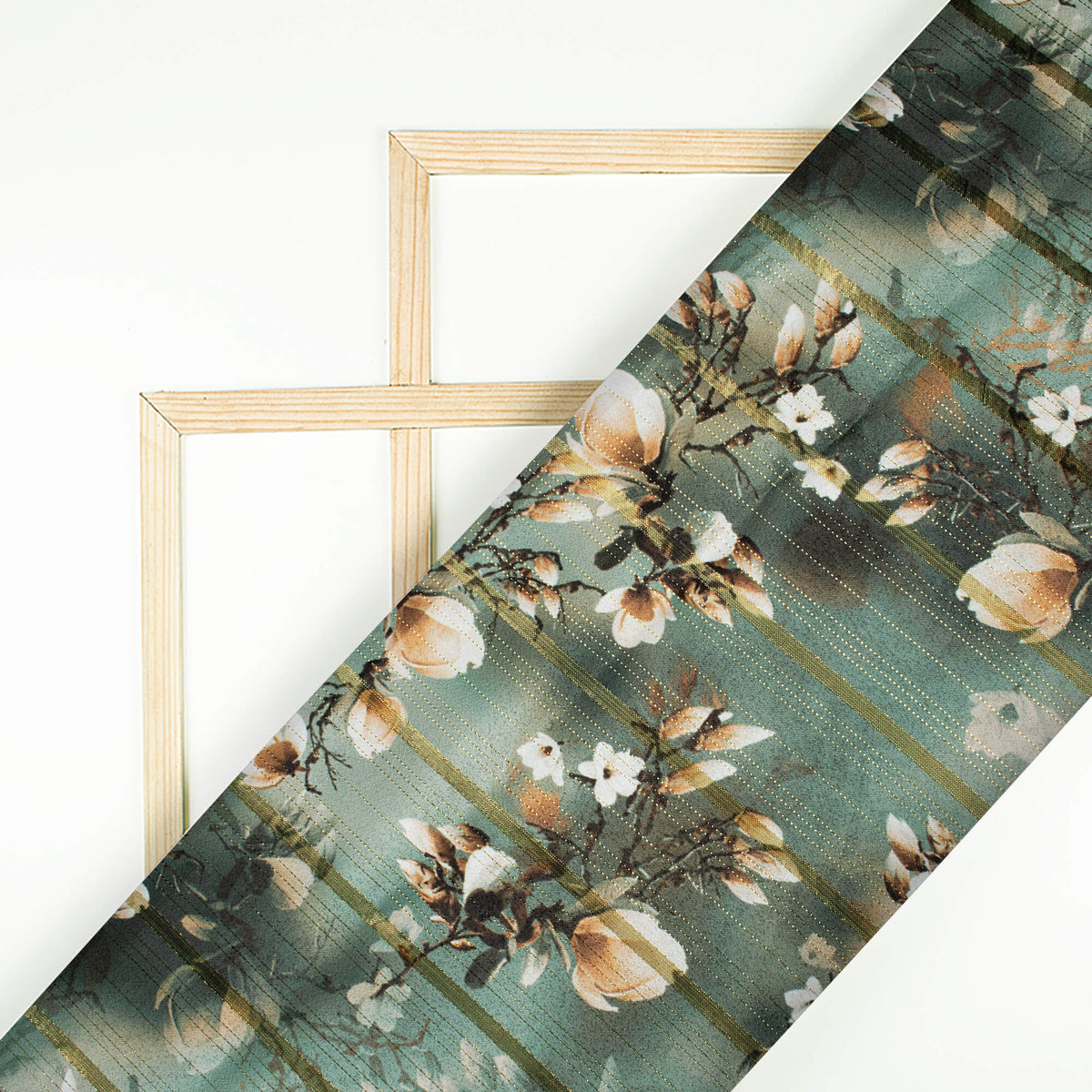 Dark Green And Toritilla Brown Floral Pattern Digital Print Golden Lurex Satin Fabric - Fabcurate