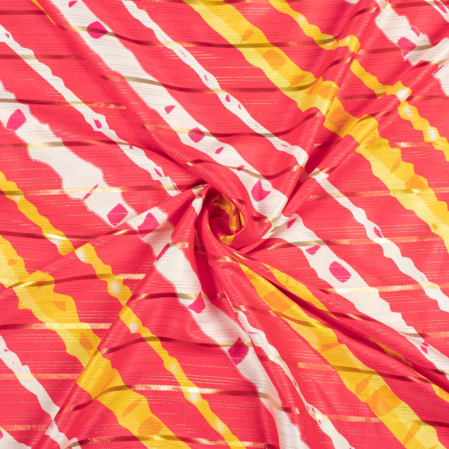 Pink And White Leheriya Pattern Digital Print Golden Lurex Satin Fabric