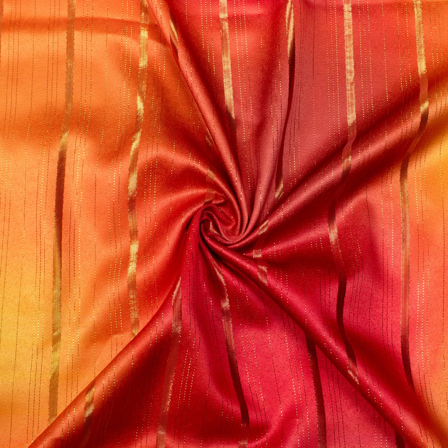 Red And Orange Ombre Pattern Digital Print Golden Lurex Satin Fabric - Fabcurate