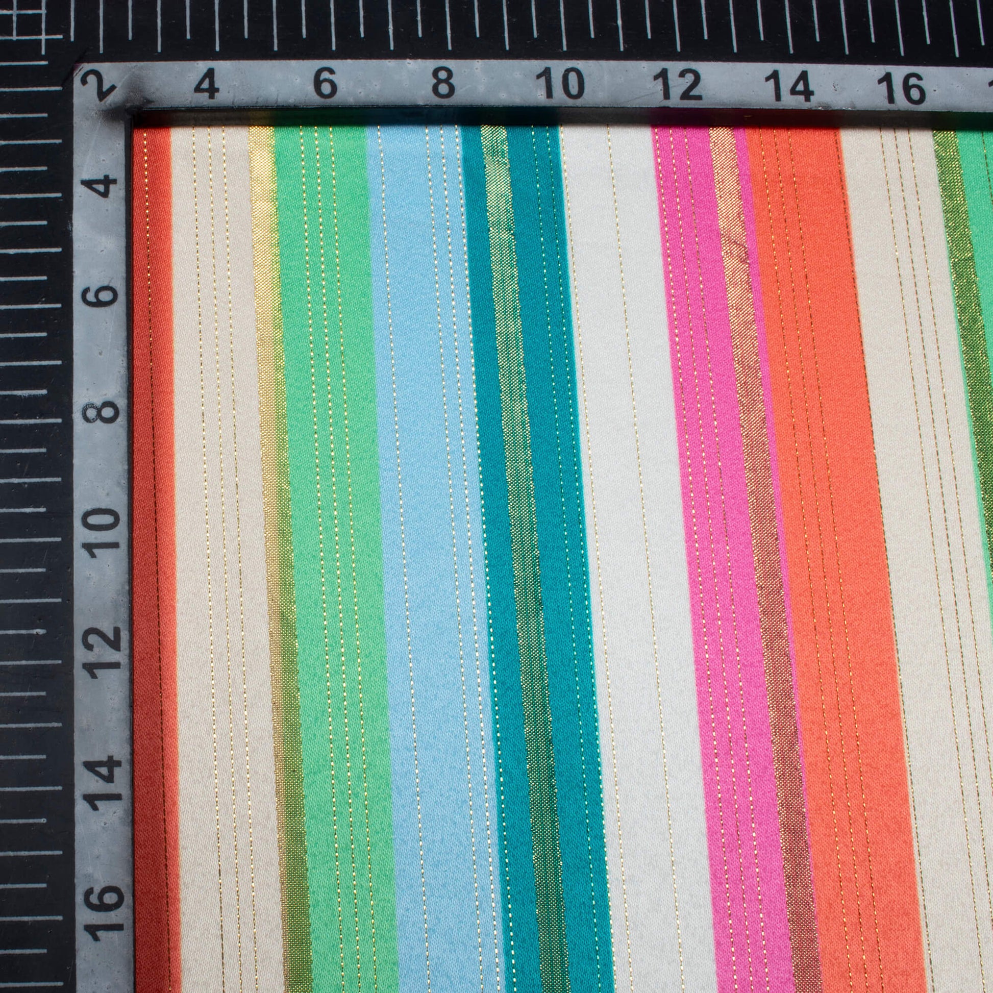 Off White And Orange Stripes Pattern Digital Print Golden Lurex Satin Fabric - Fabcurate