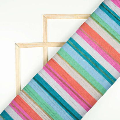 Off White And Orange Stripes Pattern Digital Print Golden Lurex Satin Fabric - Fabcurate