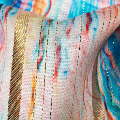 Deep Sky Blue And Charm Pink Shibori Pattern Digital Print Golden Lurex Satin Fabric - Fabcurate