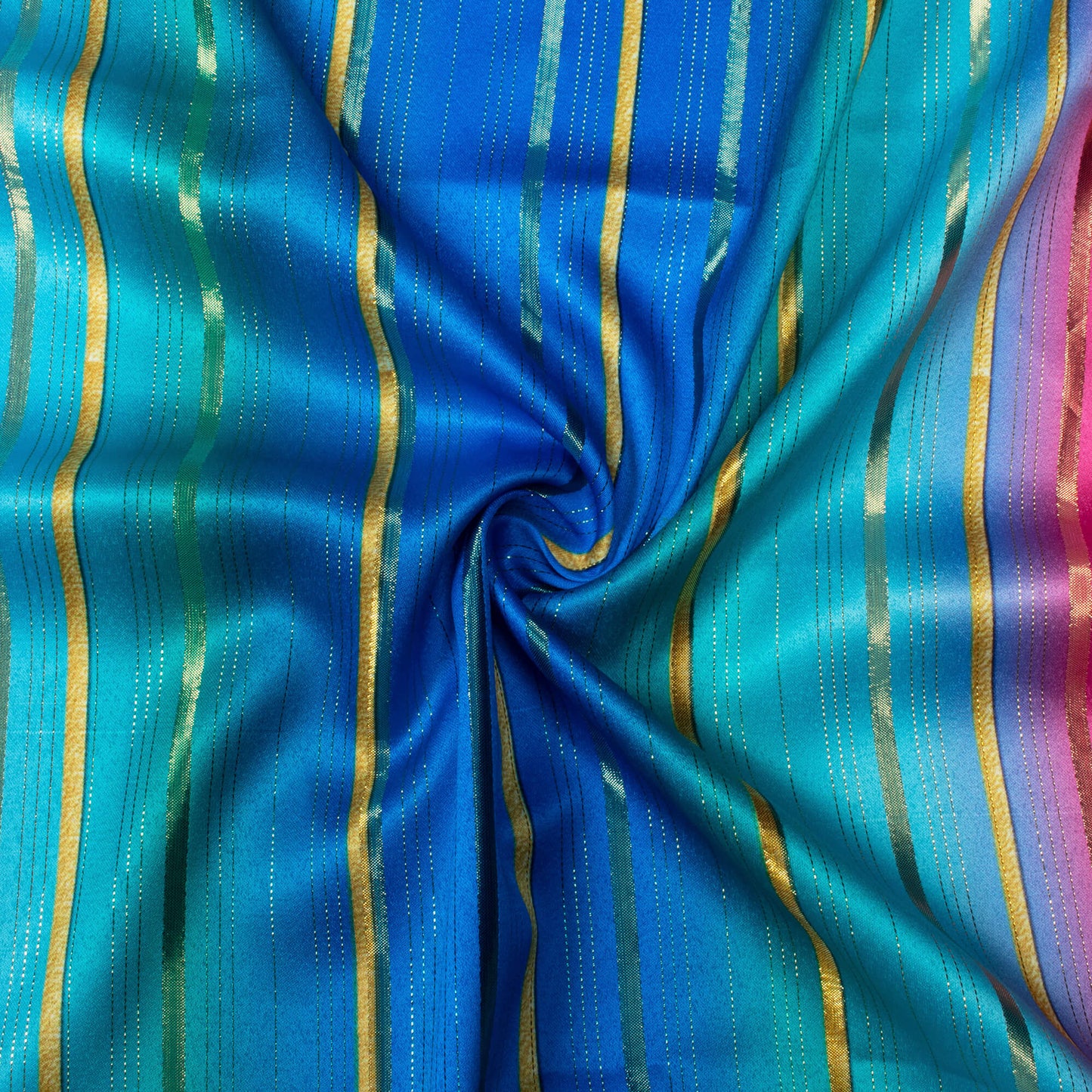 Blue And Pink Stripes Pattern Digital Print Golden Lurex Satin Fabric - Fabcurate