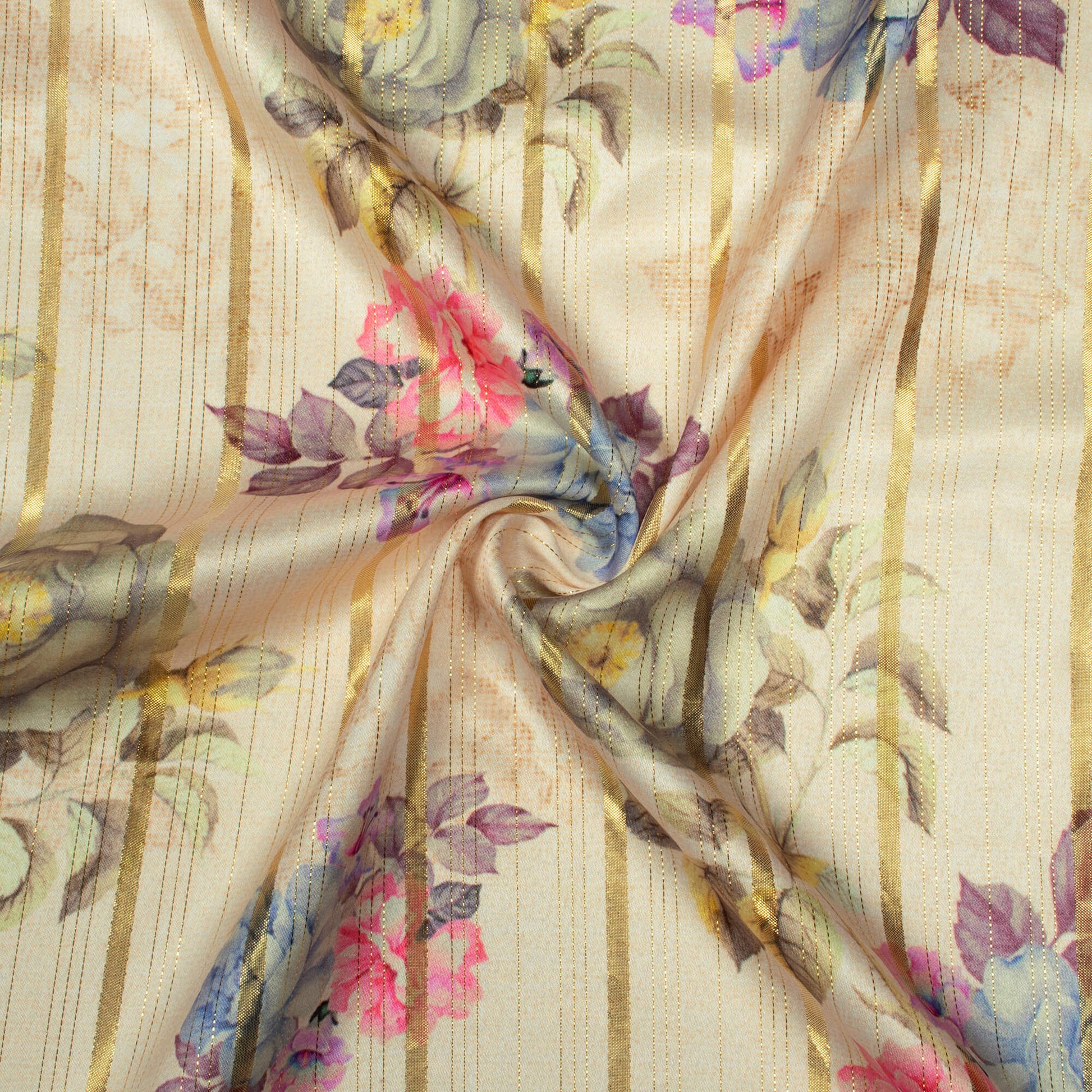 Cream And Pink Floral Pattern Digital Print Golden Lurex Satin Fabric - Fabcurate