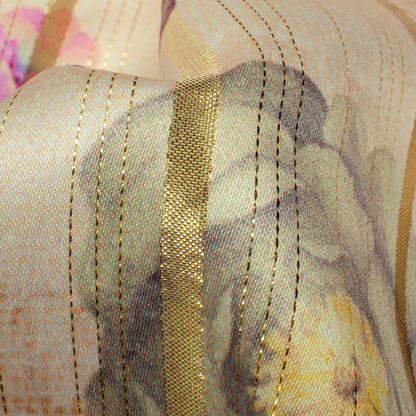 Cream And Pink Floral Pattern Digital Print Golden Lurex Satin Fabric - Fabcurate