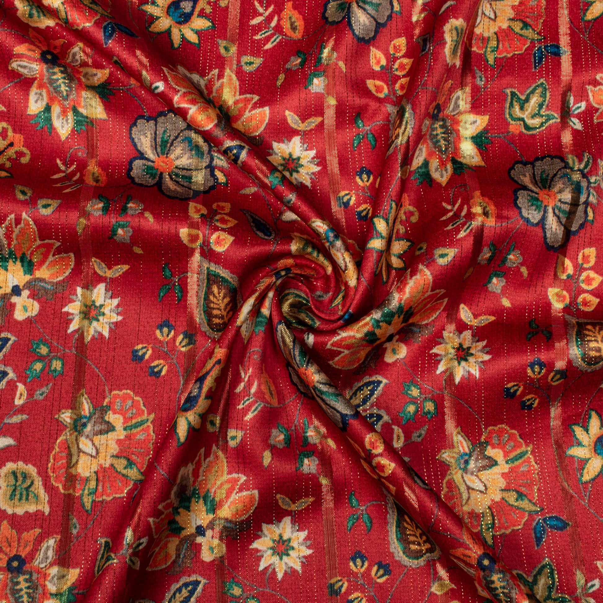 Blood Red And Ochre Yellow Floral Pattern Digital Print Golden Lurex Satin Fabric - Fabcurate
