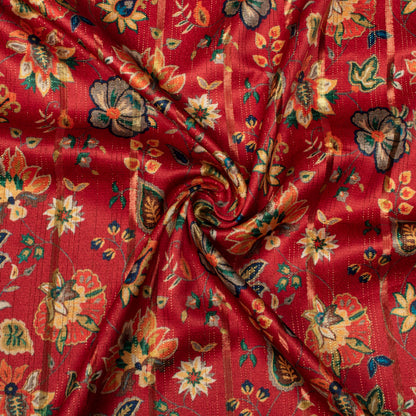 Blood Red And Ochre Yellow Floral Pattern Digital Print Golden Lurex Satin Fabric - Fabcurate