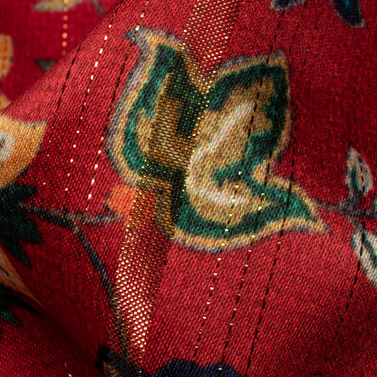 Blood Red And Ochre Yellow Floral Pattern Digital Print Golden Lurex Satin Fabric - Fabcurate