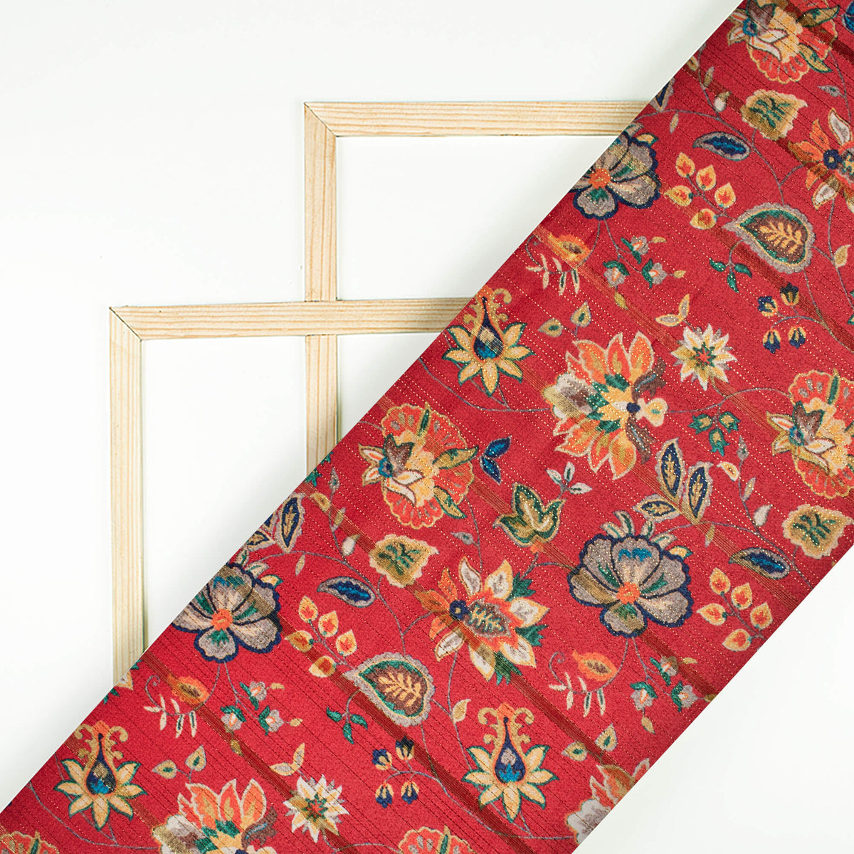Blood Red And Ochre Yellow Floral Pattern Digital Print Golden Lurex Satin Fabric