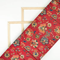 Blood Red And Ochre Yellow Floral Pattern Digital Print Golden Lurex Satin Fabric