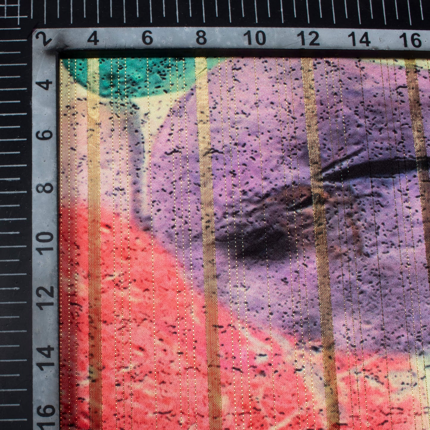 Lemon Yellow And Purple Abstract Pattern Digital Print Golden Lurex Satin Fabric - Fabcurate