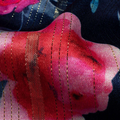 Space Blue And Raspberry Red Floral Pattern Digital Print Golden Lurex Satin Fabric - Fabcurate