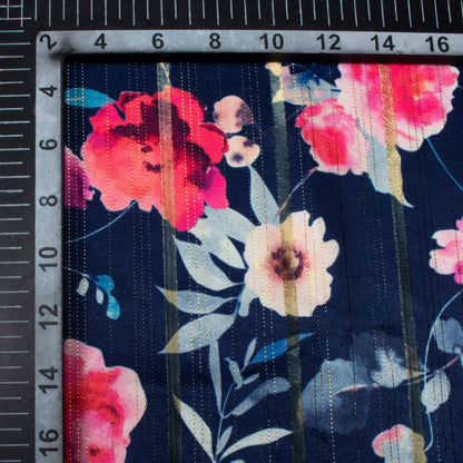 Space Blue And Raspberry Red Floral Pattern Digital Print Golden Lurex Satin Fabric - Fabcurate