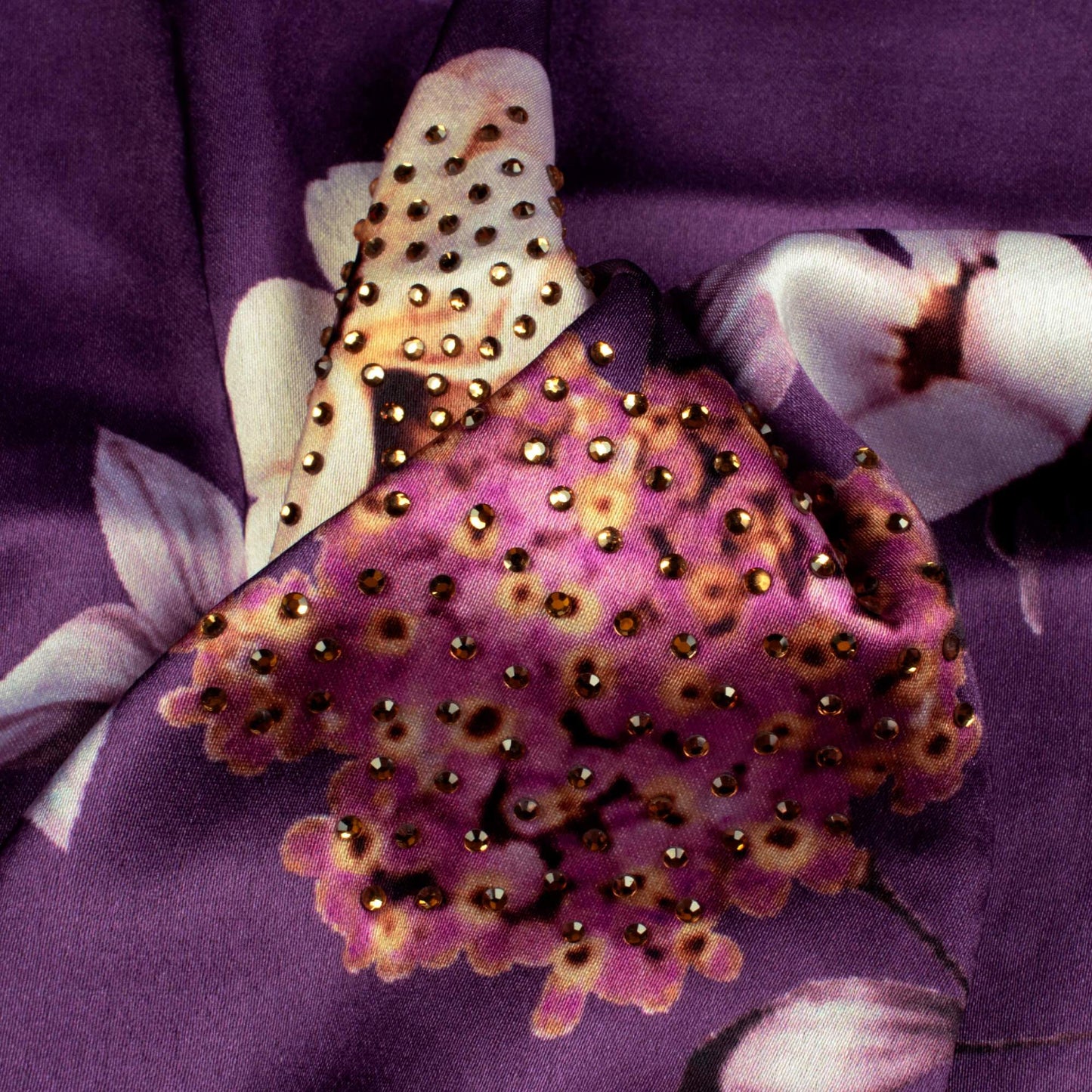 Eggplant Purple And Snow White Floral Pattern Digital Print Premium Swarovski Hand Work Japan Satin Fabric - Fabcurate