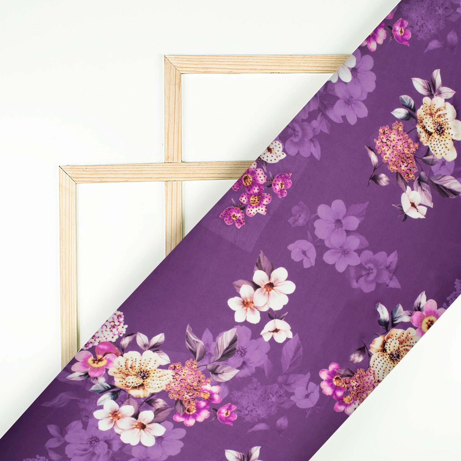 Eggplant Purple And Snow White Floral Pattern Digital Print Premium Swarovski Hand Work Japan Satin Fabric - Fabcurate