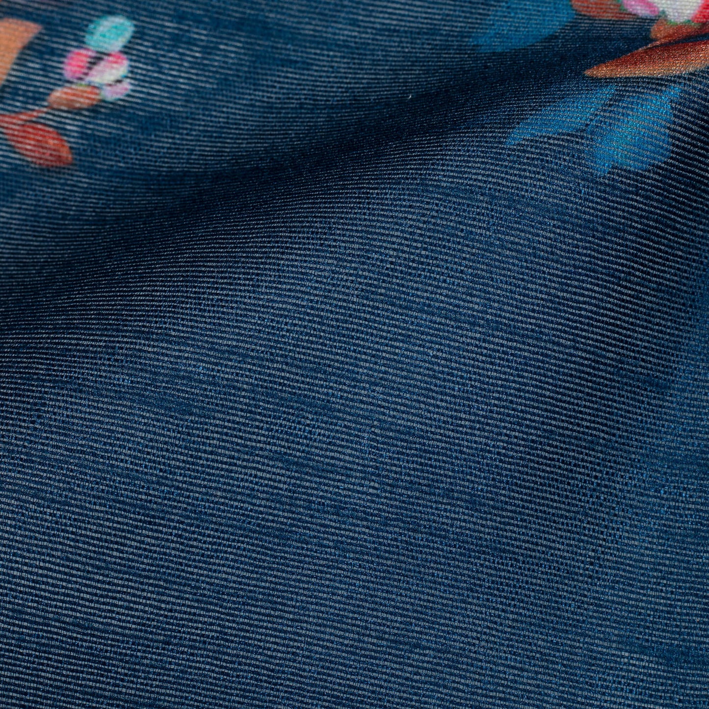 Yale Blue And Pink Floral Pattern Digital Print Banglori Art Silk Fabric