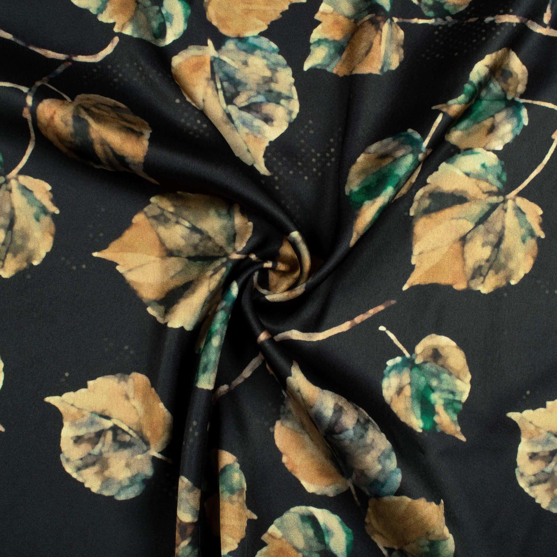 Black And Brown Leaf Pattern Digital Print Japan Satin Fabric - Fabcurate