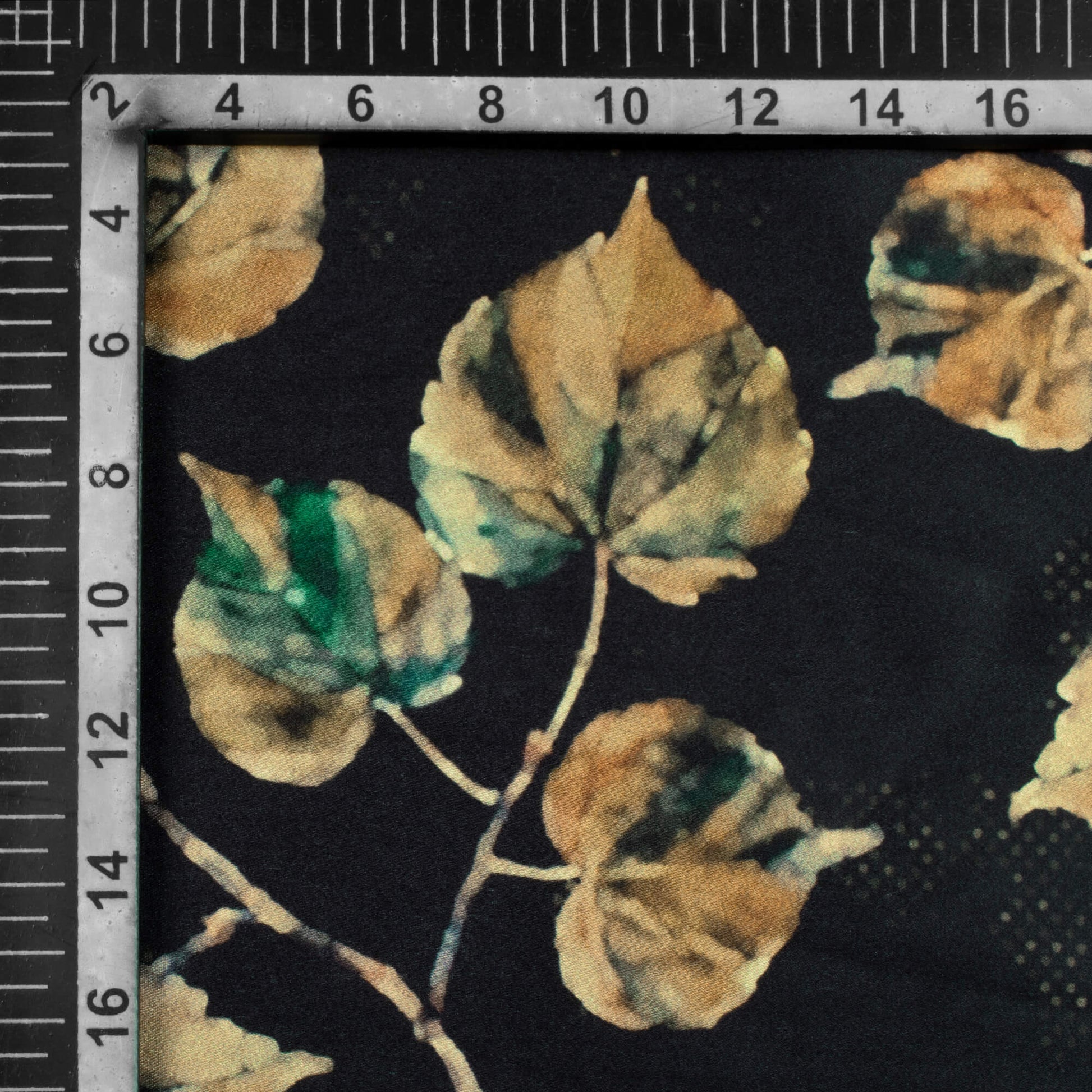 Black And Brown Leaf Pattern Digital Print Japan Satin Fabric - Fabcurate