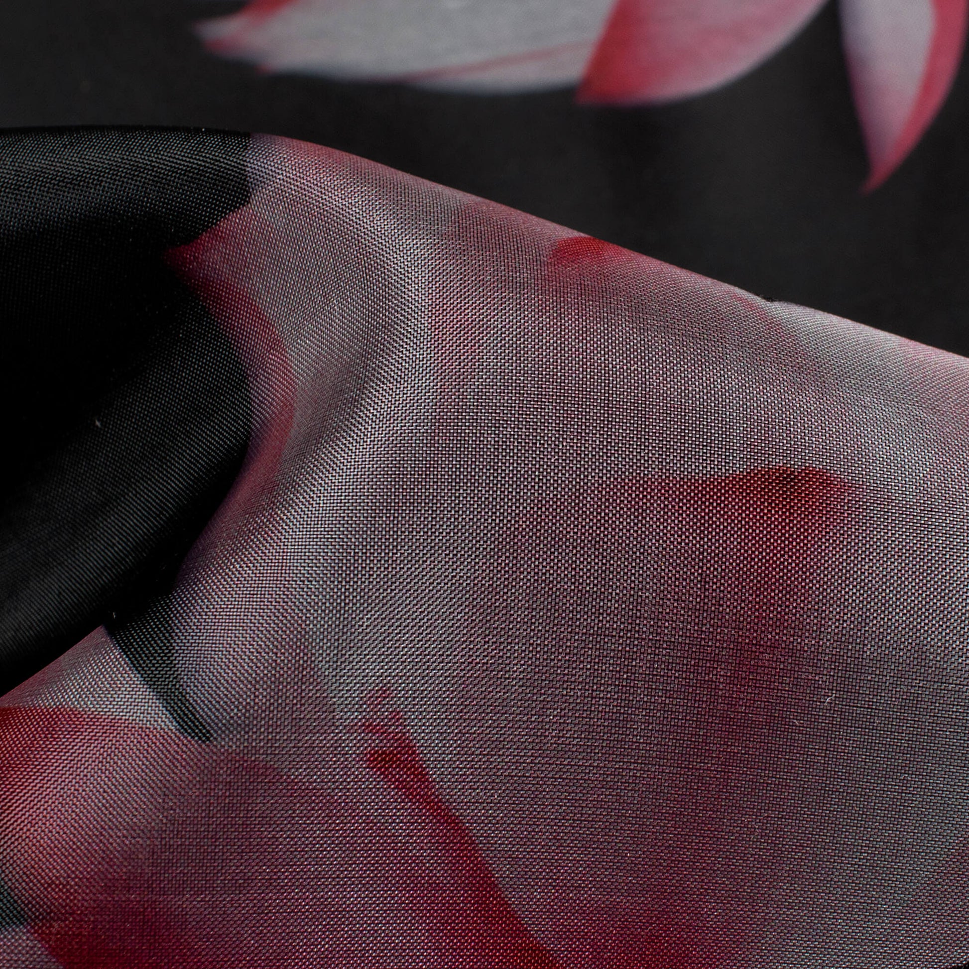 Black And Pink Floral Pattern Digital Print Premium Liquid Organza Fabric - Fabcurate