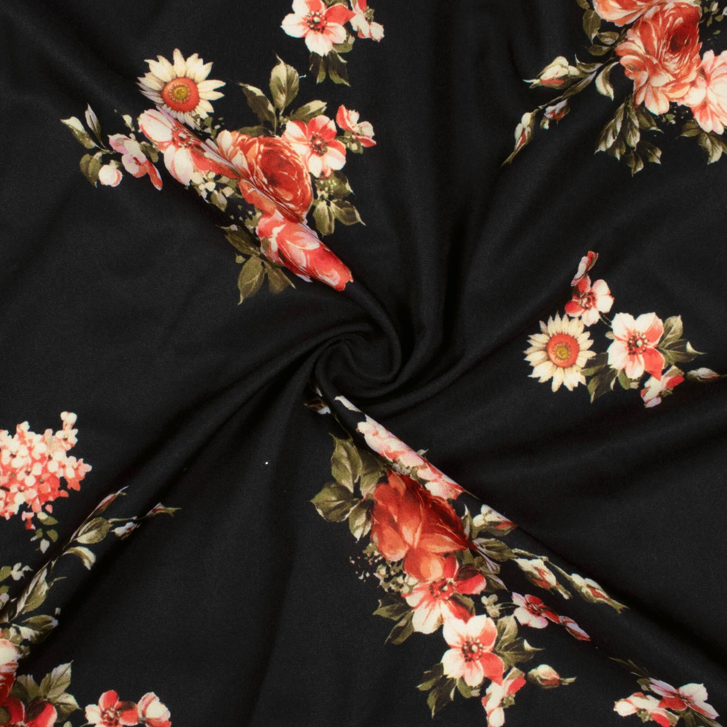 Black And Chilli Red Floral Pattern Digital Print Ultra Premium Butter Crepe Fabric