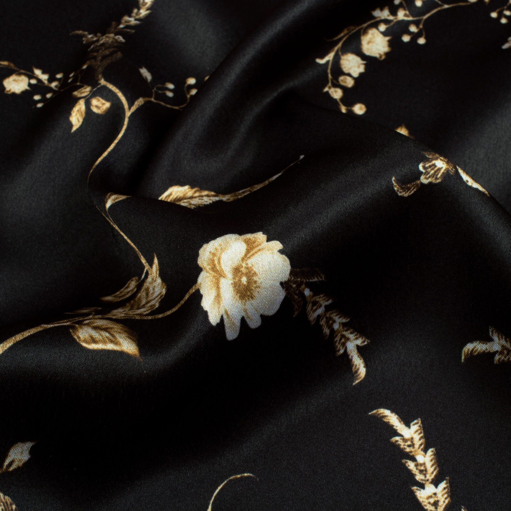 Black And Sepia Brown Floral Pattern Digital Print Japan Satin Fabric - Fabcurate