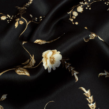 Black And Sepia Brown Floral Pattern Digital Print Japan Satin Fabric - Fabcurate