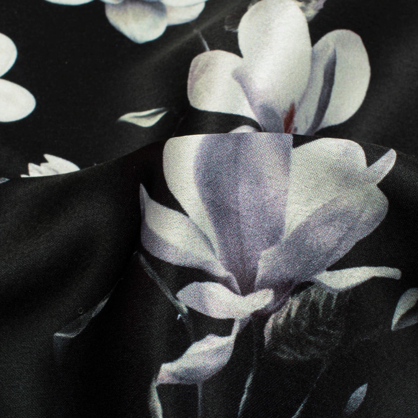 Black And Off White Floral Pattern Digital Print Japan Satin Fabric - Fabcurate