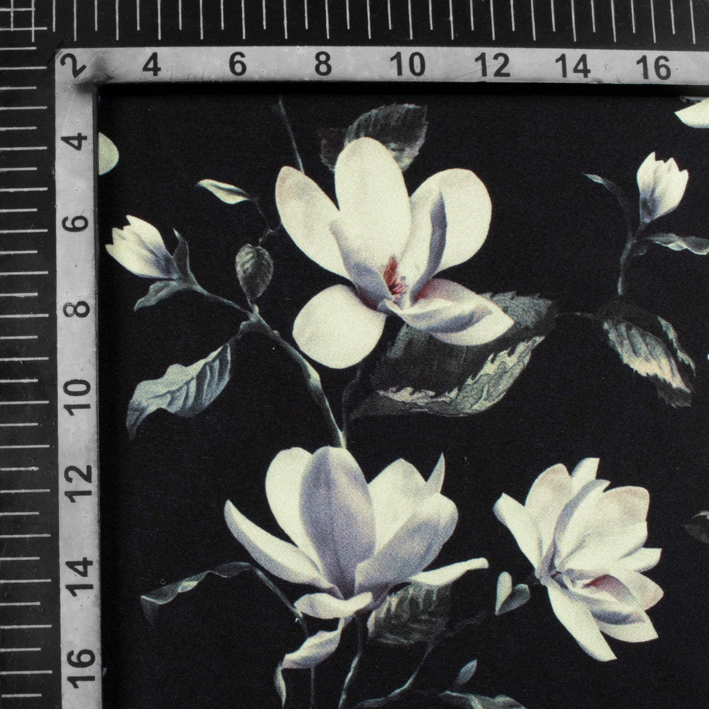 Black And Off White Floral Pattern Digital Print Japan Satin Fabric - Fabcurate