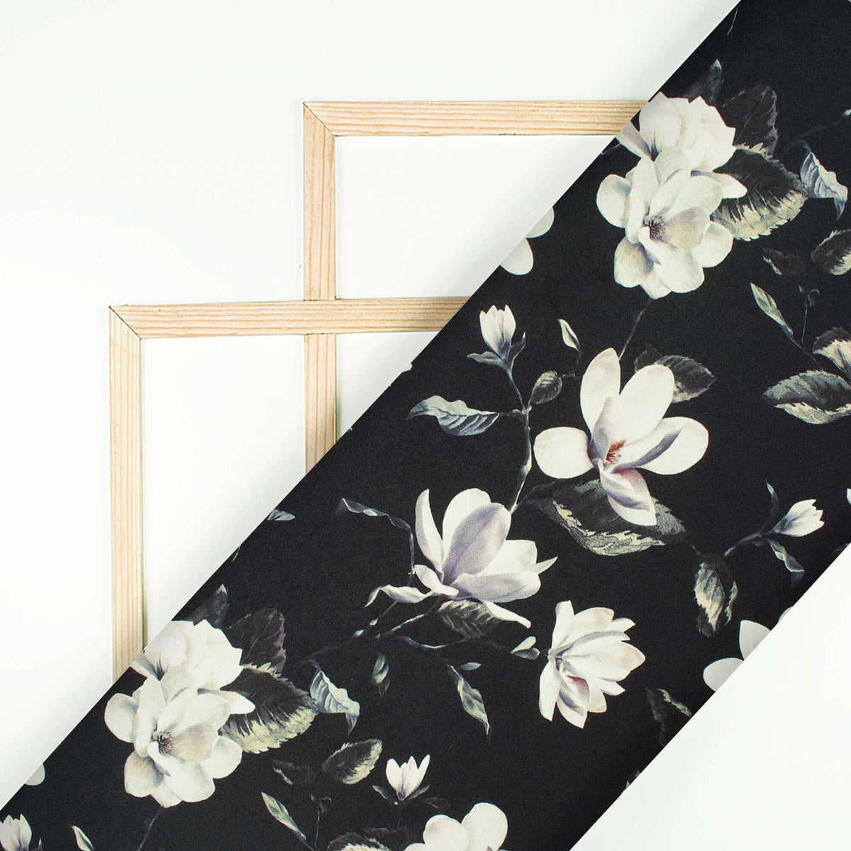 Black And Off White Floral Pattern Digital Print Japan Satin Fabric - Fabcurate