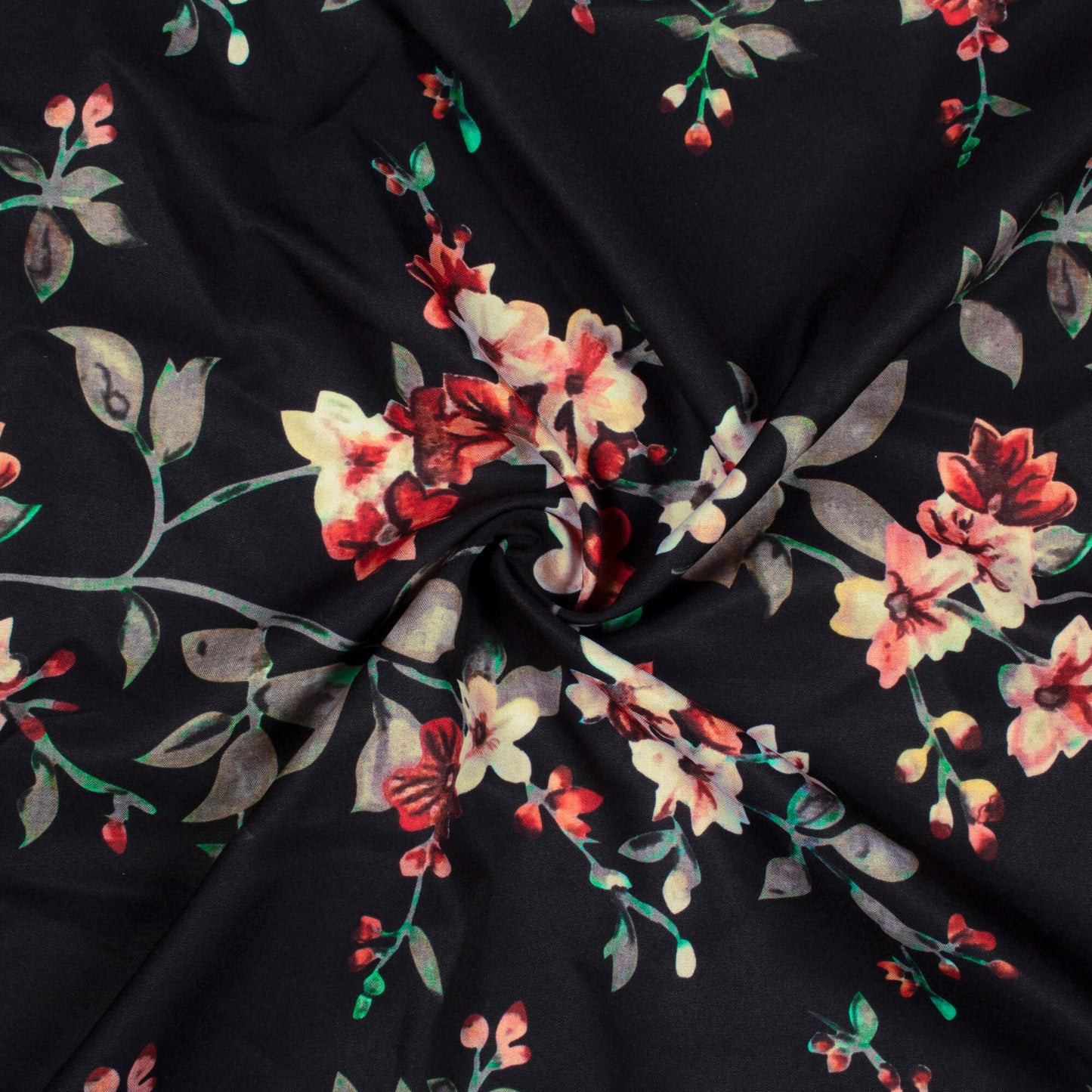 Black And Vermilion Red Floral Pattern Digital Print Ultra Premium Butter Crepe Fabric - Fabcurate