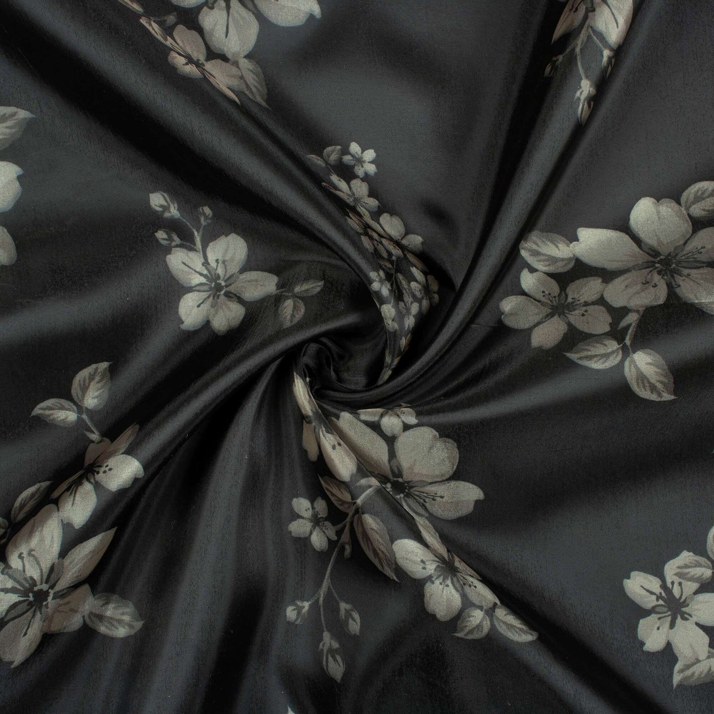 Black And Off White Floral Pattern Digital Print Premium Liquid Organza Fabric - Fabcurate