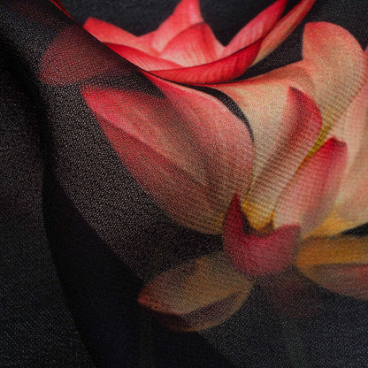 Black And Pink Floral Pattern Digital Print Georgette Fabric - Fabcurate