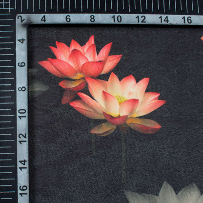 Black And Pink Floral Pattern Digital Print Georgette Fabric - Fabcurate
