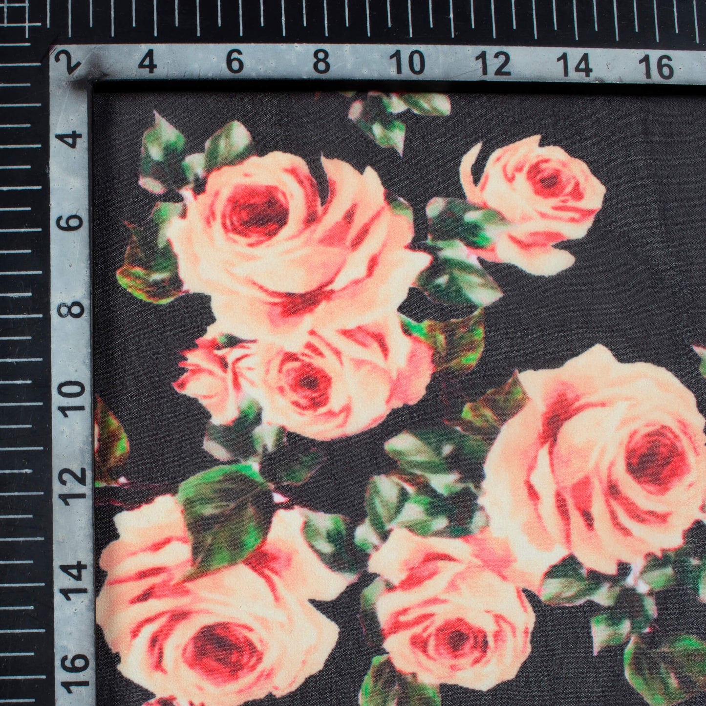 Black And Salmon Pink Floral Pattern Digital Print Georgette Fabric - Fabcurate