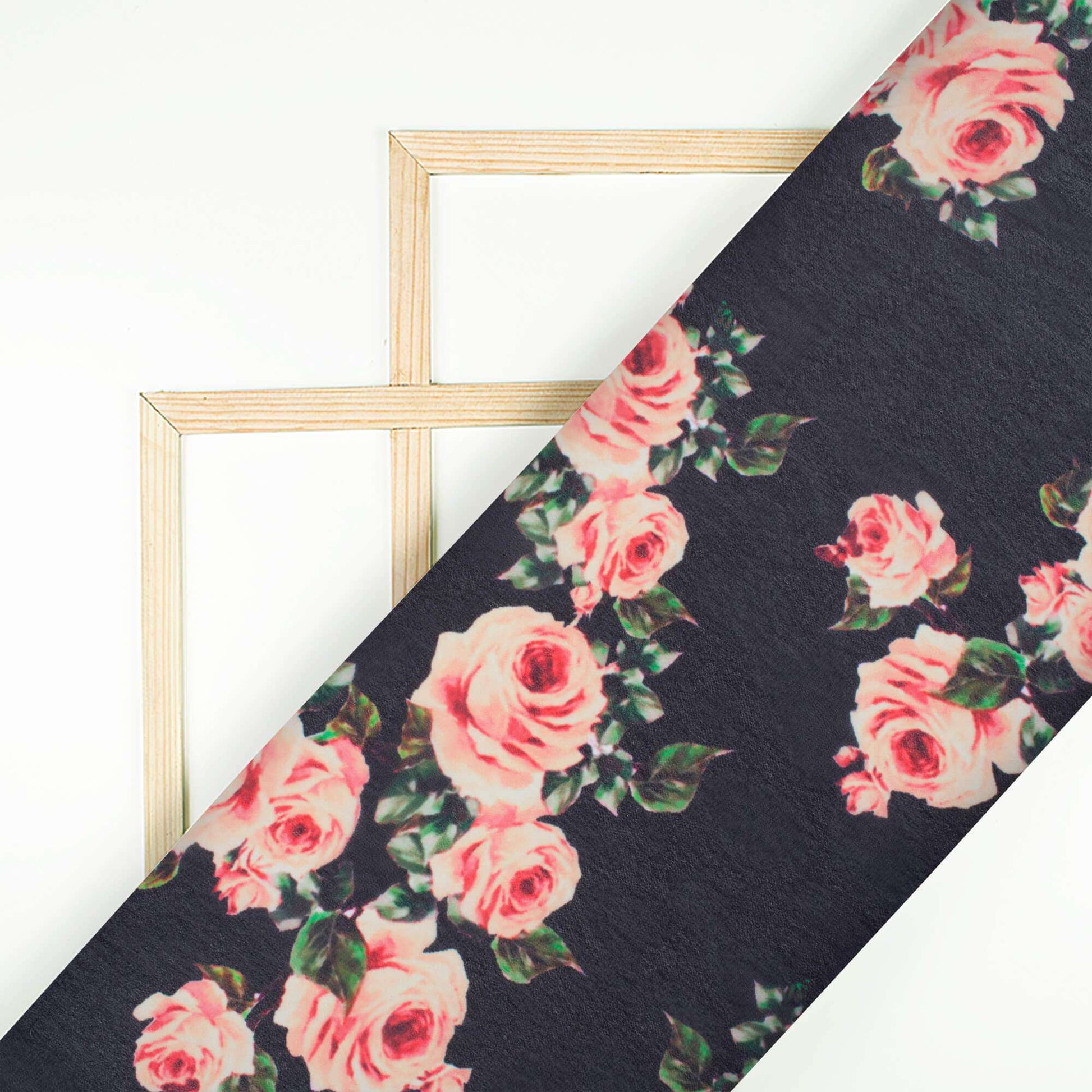 Black And Salmon Pink Floral Pattern Digital Print Georgette Fabric - Fabcurate