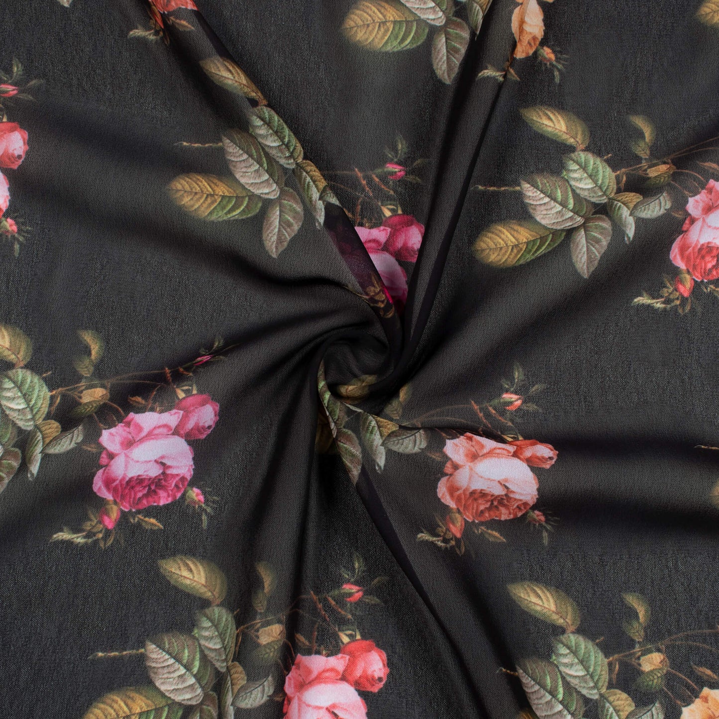 Black And Peach Pink Floral Pattern Digital Print Georgette Fabric - Fabcurate