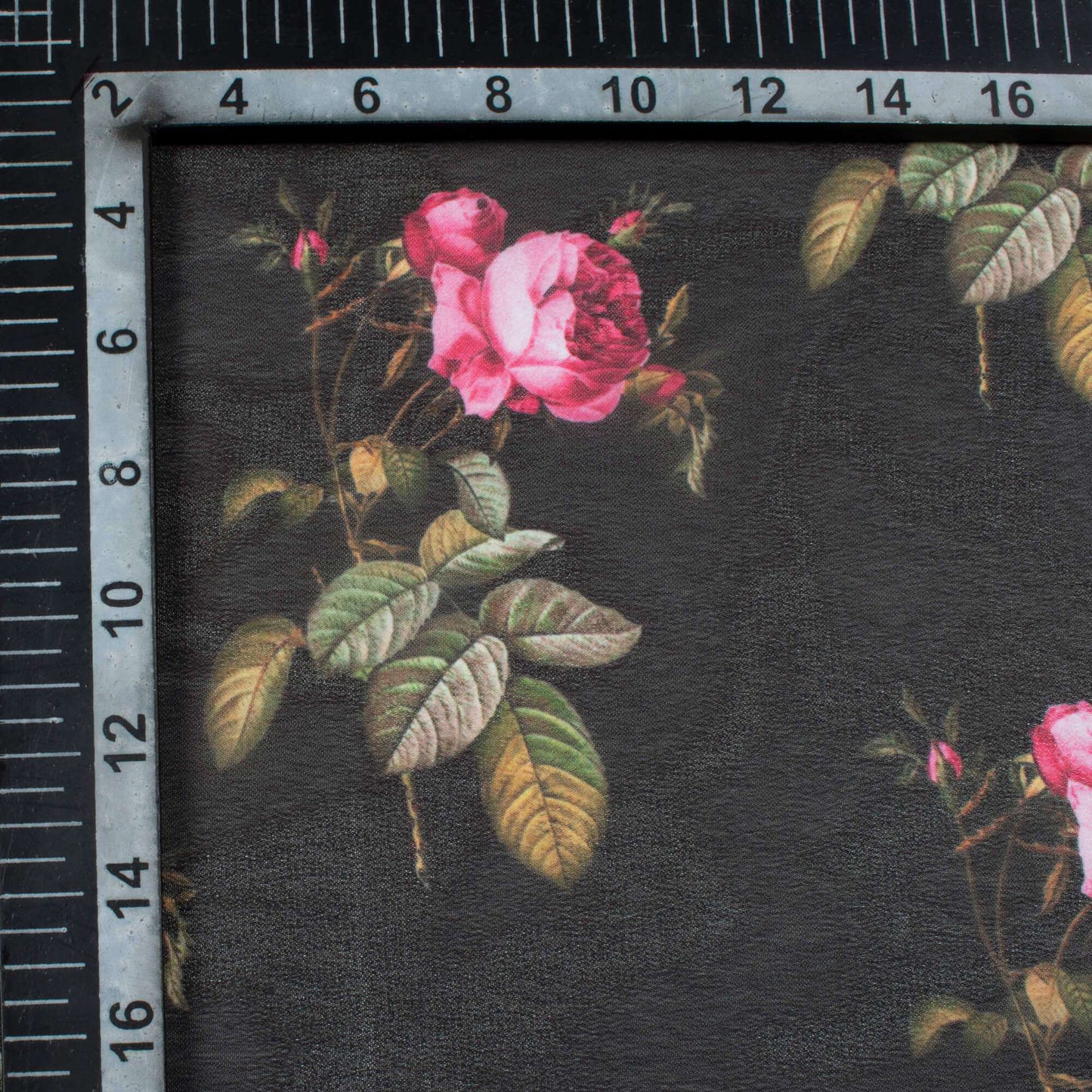 Black And Peach Pink Floral Pattern Digital Print Georgette Fabric - Fabcurate